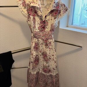 Floral Lace-Trim Midi Dress in Cream and Pink